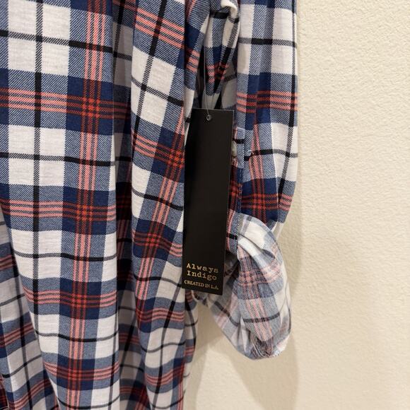 NWT Always Indigo Women’s Top Button Up Plus Size 3X Red Blue Plaid Flannel Look - Picture 9 of 11